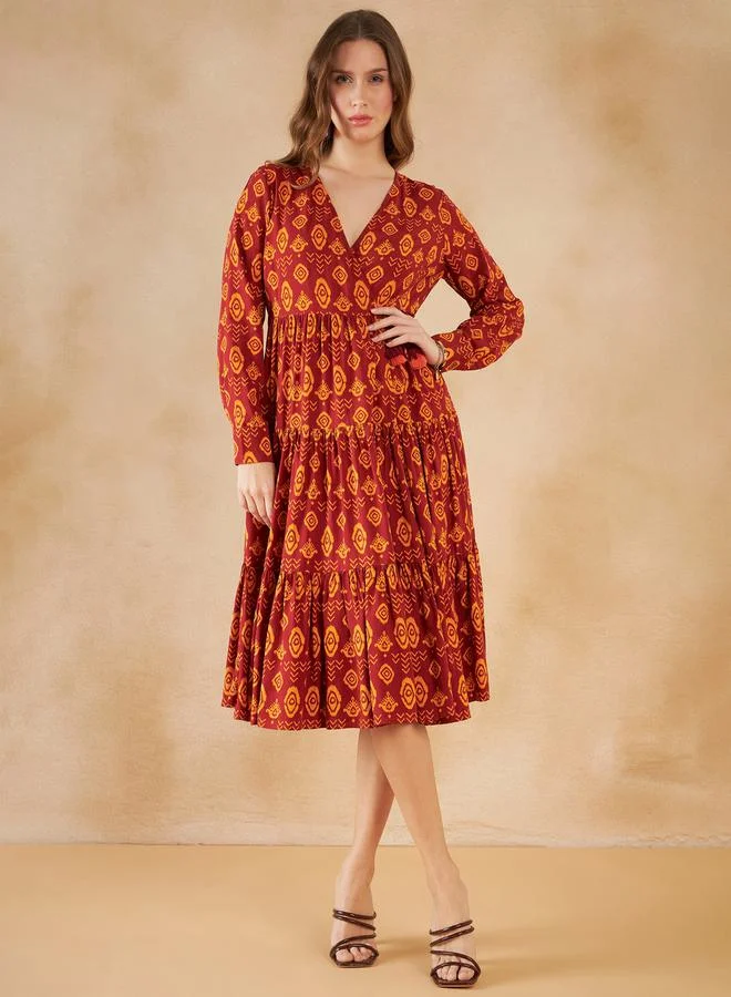 FEMELLA Bohemian Print Gathered Detail A-Line Midi Dress by Styli