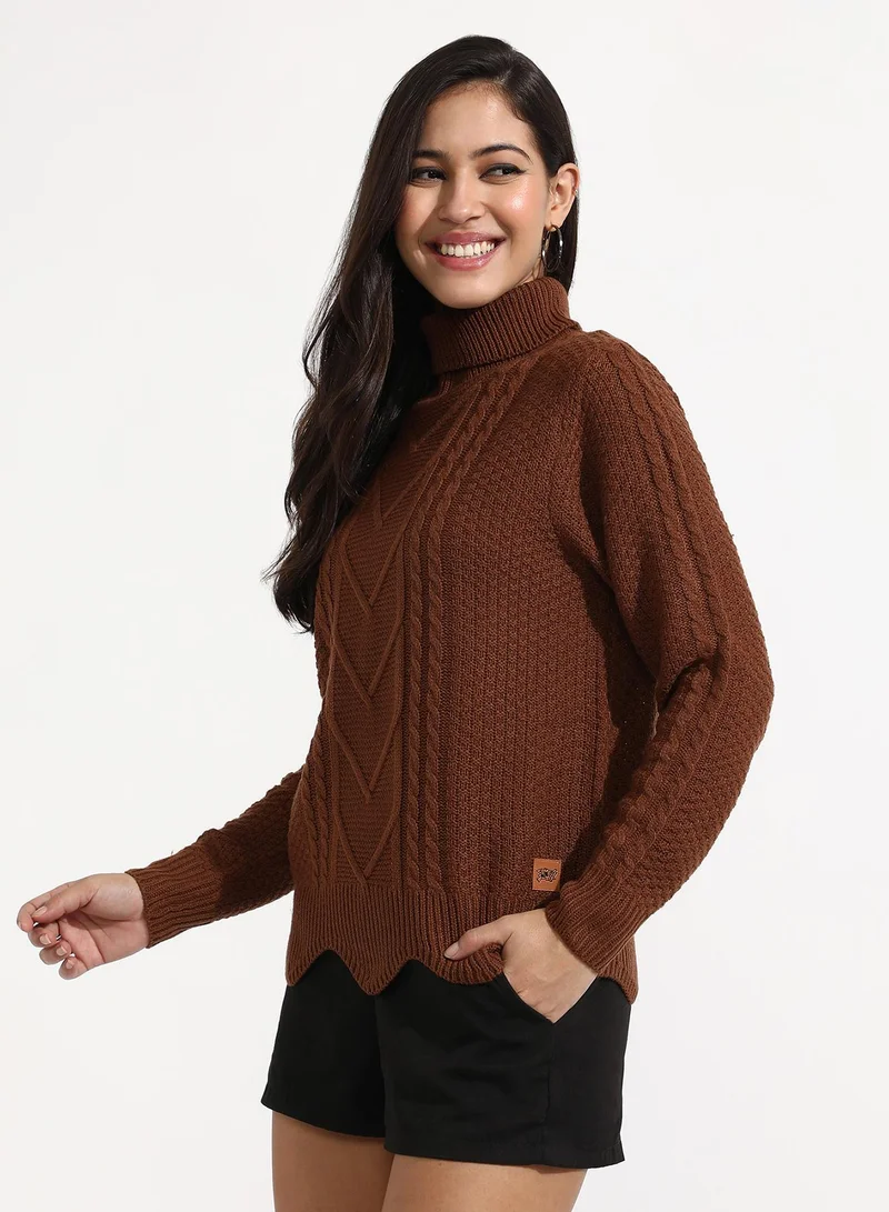Campus Sutra Women's Chocolate Brown Cable Knit Sweater