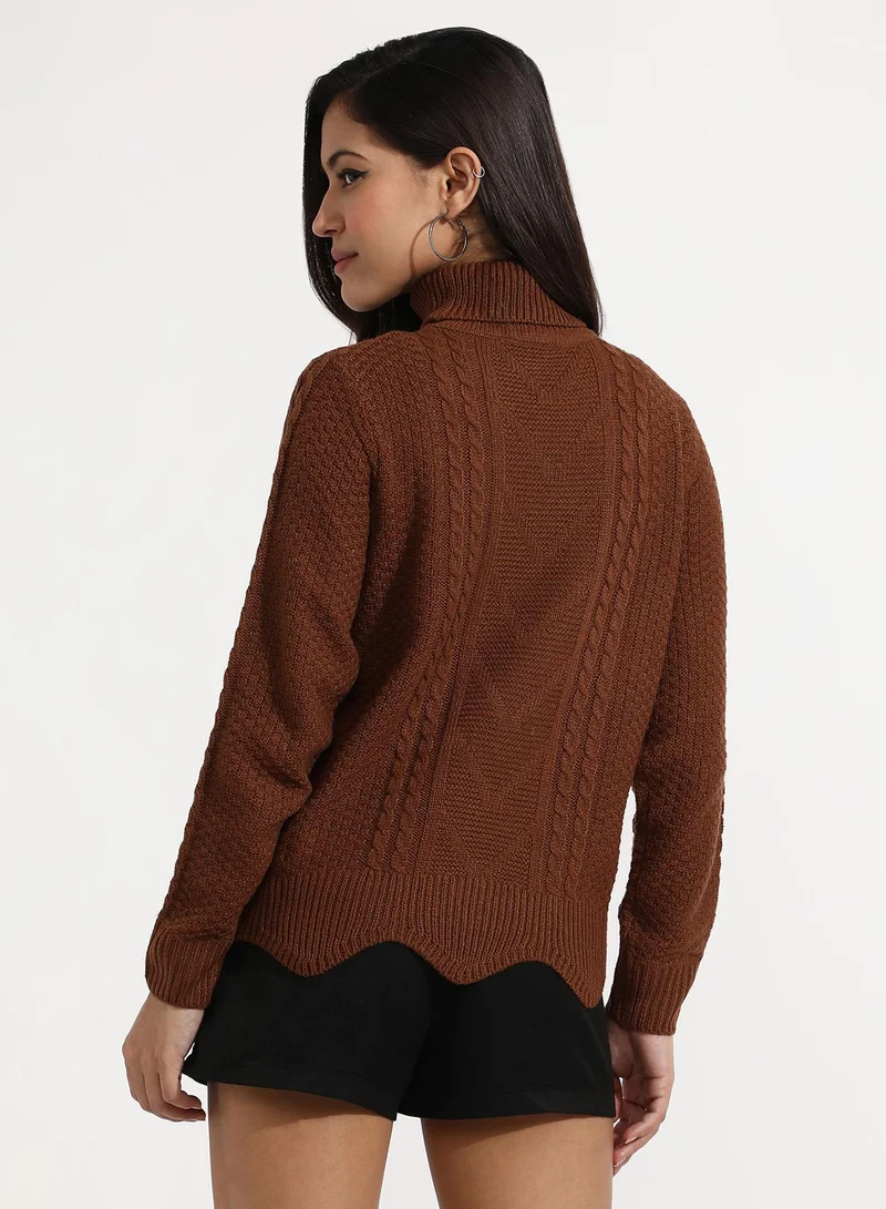 Campus Sutra Women's Chocolate Brown Cable Knit Sweater