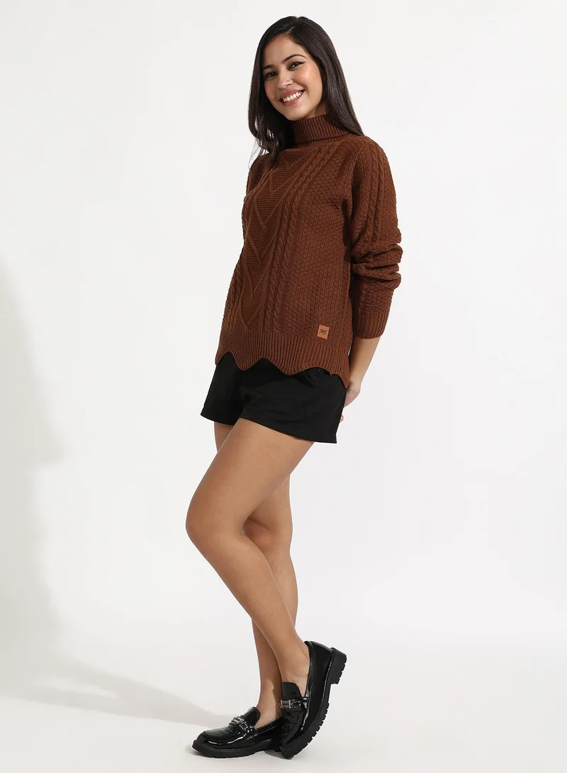 Campus Sutra Women's Chocolate Brown Cable Knit Sweater