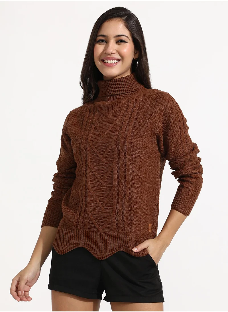 Campus Sutra Women's Chocolate Brown Cable Knit Sweater
