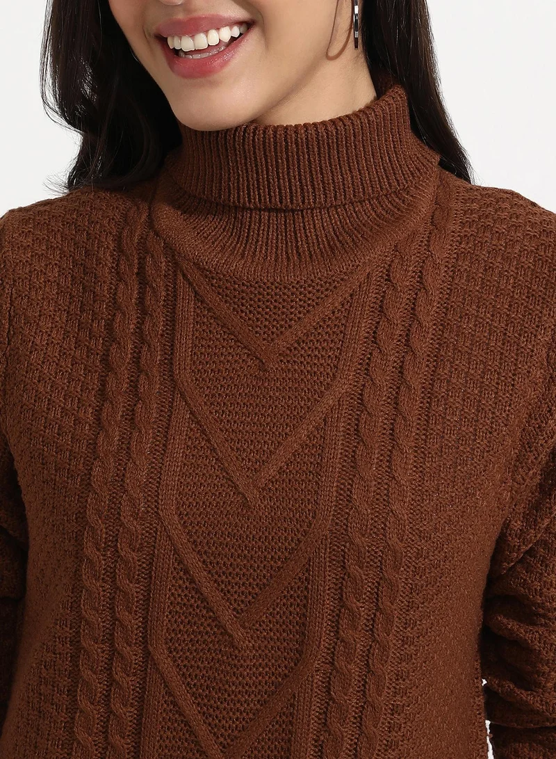 Campus Sutra Women's Chocolate Brown Cable Knit Sweater