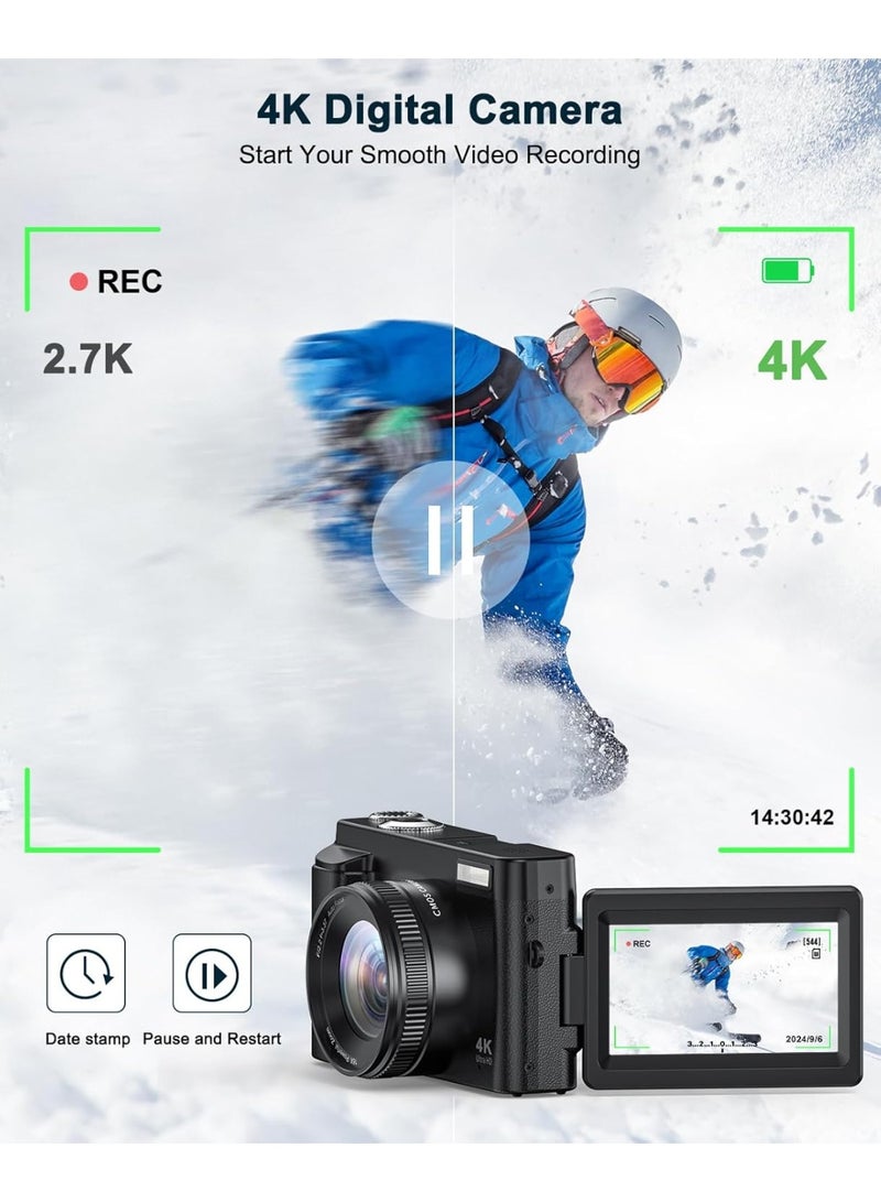 Blue Dune 4K Digital Camera for Photography and Video, Autofocus Anti-Shake 48MP Vlogging Camera for YouTube, 3'' 180°Flip Screen Camera with Flash 16X Zoom, Digital Camera with 32GB Card Battery Charger Black - Image 2