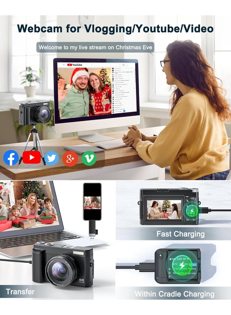 Blue Dune 4K Digital Camera for Photography and Video, Autofocus Anti-Shake 48MP Vlogging Camera for YouTube, 3'' 180°Flip Screen Camera with Flash 16X Zoom, Digital Camera with 32GB Card Battery Charger Black - Image 5