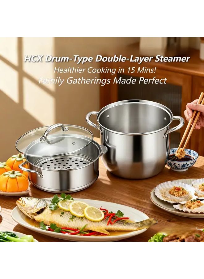 10.24 Inch Drum Shaped Double Layer Stainless Steel Steamer Pot With Heat Resistant Handles Gas And Induction Compatible For Family Gatherings Holiday Gifts Vegetable Steamer Dumpling Steamer - Image 2