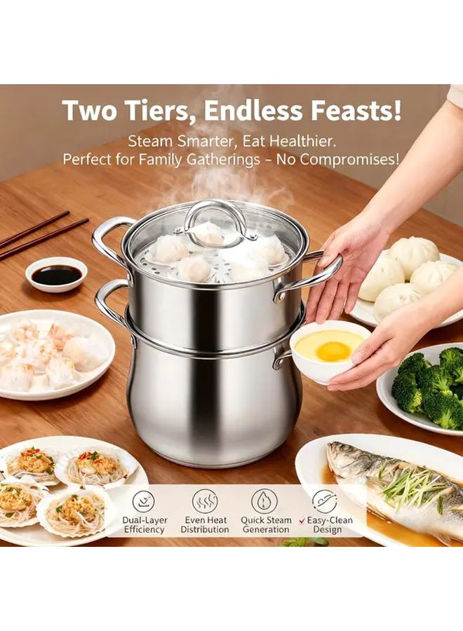 10.24 Inch Drum Shaped Double Layer Stainless Steel Steamer Pot With Heat Resistant Handles Gas And Induction Compatible For Family Gatherings Holiday Gifts Vegetable Steamer Dumpling Steamer - Image 1