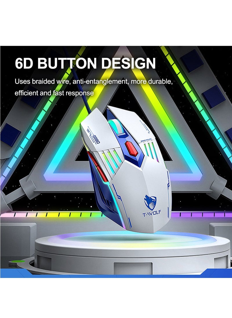 T-WOLF Gaming Keyboard and Mouse Combo, 98-Key Compact RGB Mechanical Feel Keyboard with Type-C Wired & Silent Design, 3600 DPI 6-Button LED Gaming Mouse, 4-Color Backlight  for PC/Windows - White Blue  - Image 3