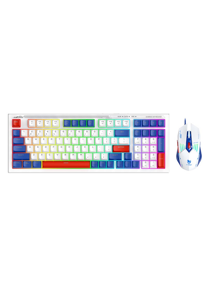 T-WOLF Gaming Keyboard and Mouse Combo, 98-Key Compact RGB Mechanical Feel Keyboard with Type-C Wired & Silent Design, 3600 DPI 6-Button LED Gaming Mouse, 4-Color Backlight  for PC/Windows - White Blue  - Image 2