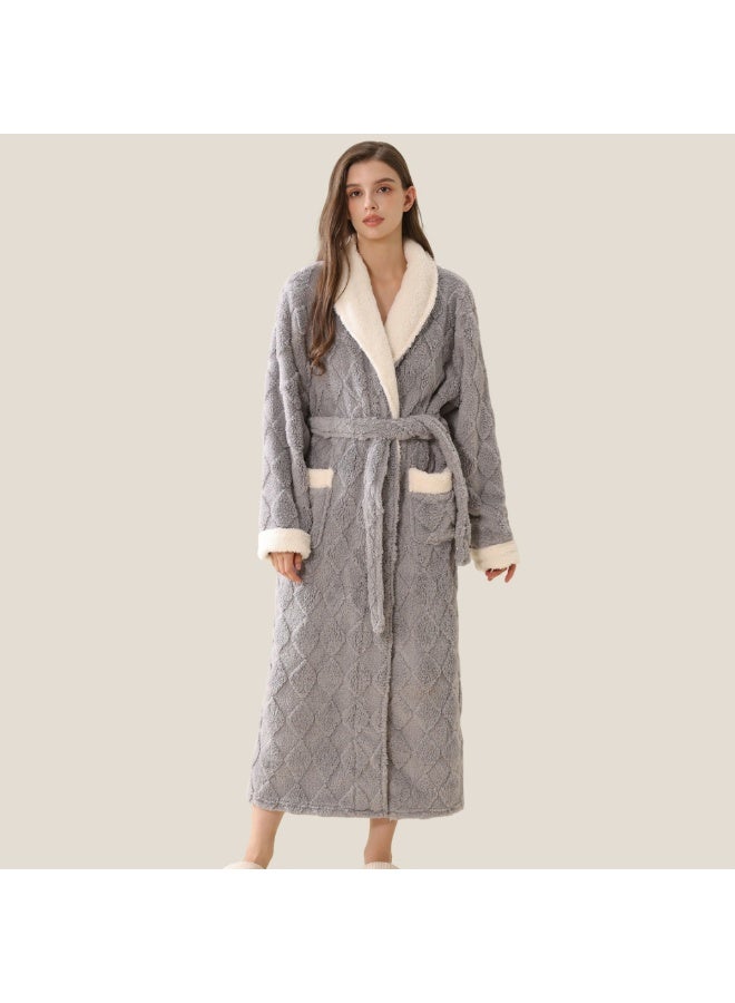 إسكدنيا يونيسكس طويلة سميكة لابل فستان ليلي جاكارد مخملية رداء حمام بيجاما مع حزام رمادي - Image 1