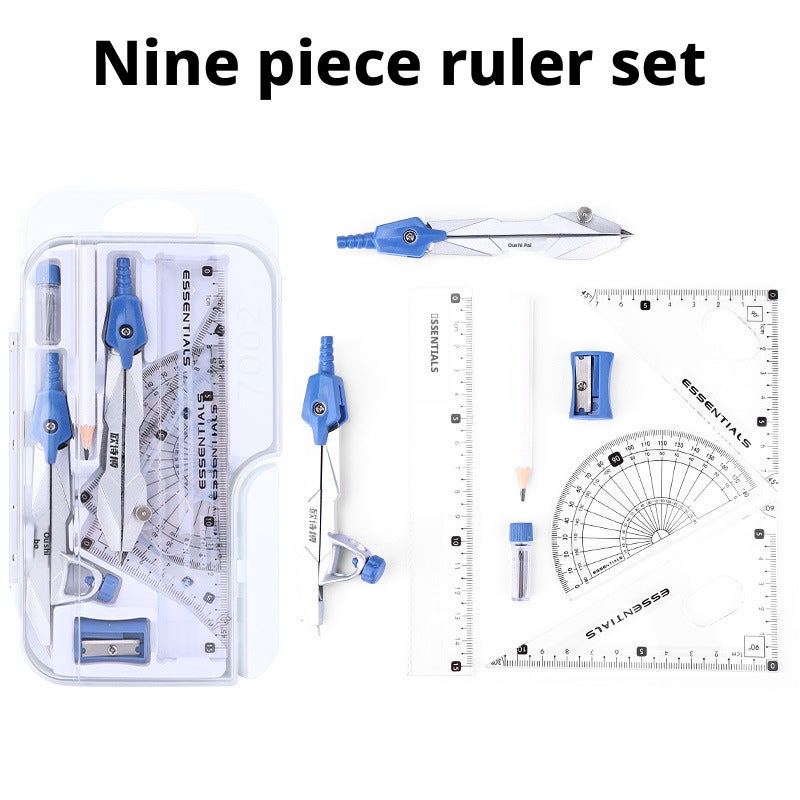 Compass Set for Students 9 Pieces Drawing Ruler Kit Exam Gift Learning Stationery - Image 1
