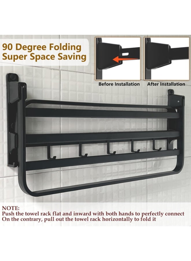 YQbest 24in Towel Racks Shelf for Bathroom, Foldable Wall Mounted Towel Storage with 9 Towel Hooks, Modern Rustproof Towel Holder with Shelves, Towel Rail Hanger for Hotel Dorm Restroom Gym Toilet, Black - Image 2
