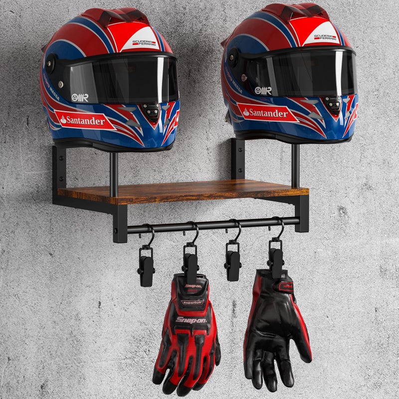 NANAGIFTREE Motorcycle Helmet Holder Wall Mount, Helmet Rack with 4 Glove Clips, Motorcycle Gear Rack Storage, Motorcycle Accessories Organizer for Entryway or Garage - Image 1