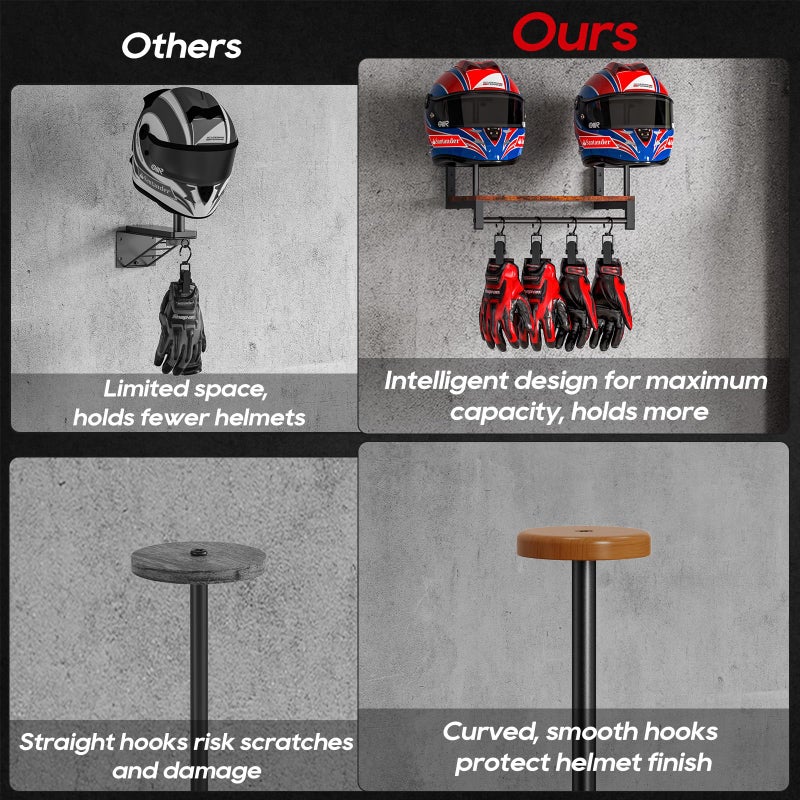 NANAGIFTREE Motorcycle Helmet Holder Wall Mount, Helmet Rack with 4 Glove Clips, Motorcycle Gear Rack Storage, Motorcycle Accessories Organizer for Entryway or Garage - Image 3