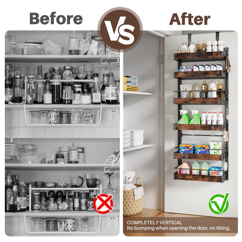 CUISIBOT 6 Tier Over The Door Pantry Organizer, 2 IN 1 Wall Mount or Metal Hanging Spice Rack for Pantry Organizers and Storage, Seasoning Shelvesï¼ŒAdjustable Basket with Hooks for Kitchen Cabinet and Closet - Image 3