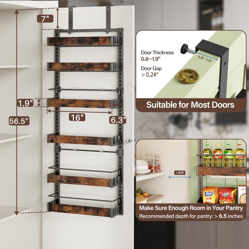 CUISIBOT 6 Tier Over The Door Pantry Organizer, 2 IN 1 Wall Mount or Metal Hanging Spice Rack for Pantry Organizers and Storage, Seasoning Shelvesï¼ŒAdjustable Basket with Hooks for Kitchen Cabinet and Closet - Image 2