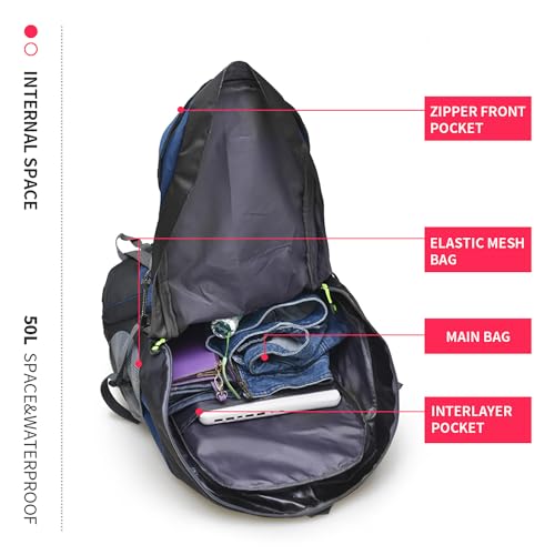 Bseash 50L Hiking Backpack, Water Resistant Lightweight Outdoor Sport Daypack Travel Bag for Camping Climbing Skiing Cycling (Navy Blue - With Shoe Compartment) - Image 5
