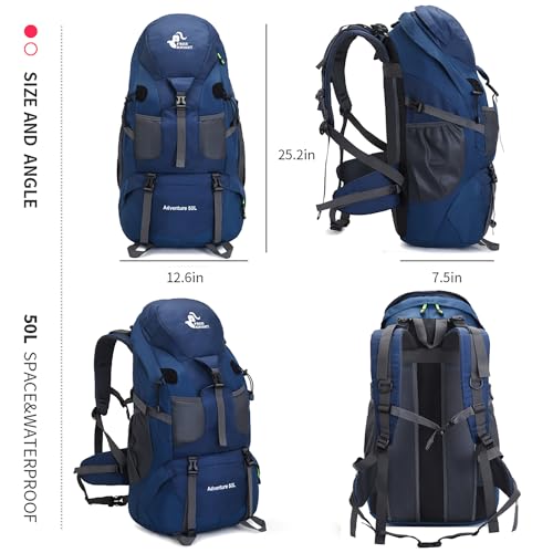 Bseash 50L Hiking Backpack, Water Resistant Lightweight Outdoor Sport Daypack Travel Bag for Camping Climbing Skiing Cycling (Navy Blue - With Shoe Compartment) - Image 2