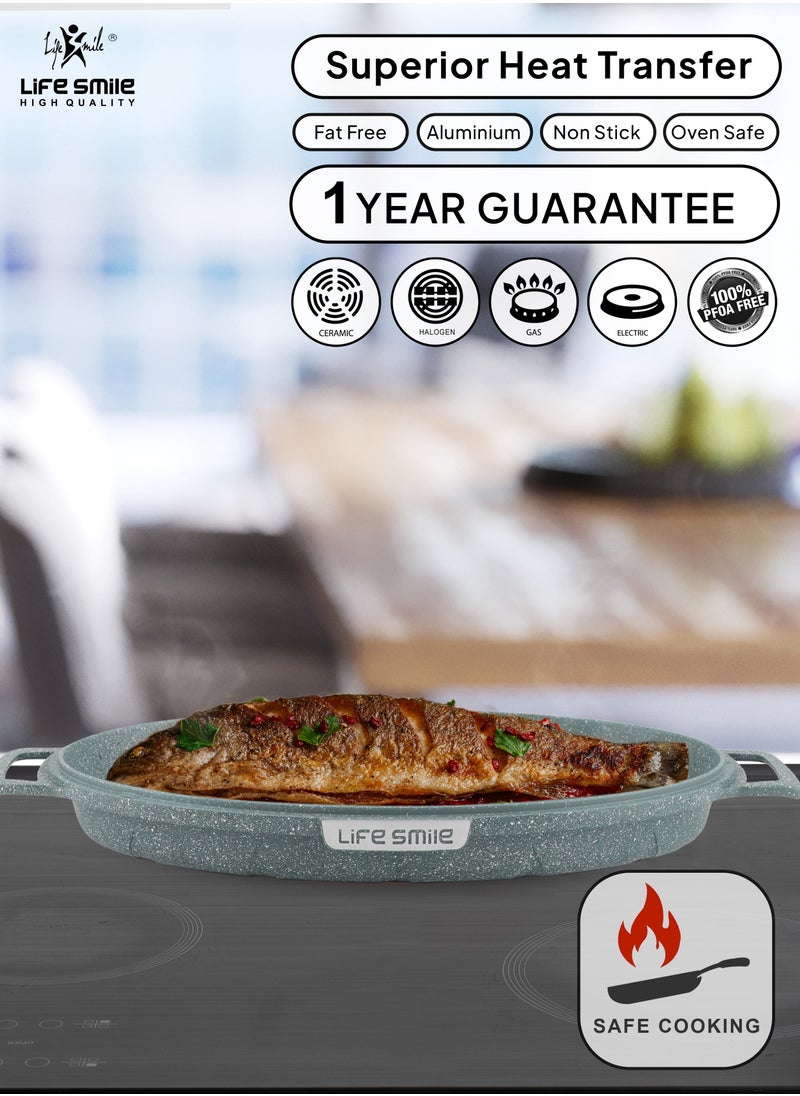 Life Smile - Fish Frying Pan With lid, Granite Coating Non Stick Oval Frying pan 100% PFOA FREE, Oven Safe - Image 1