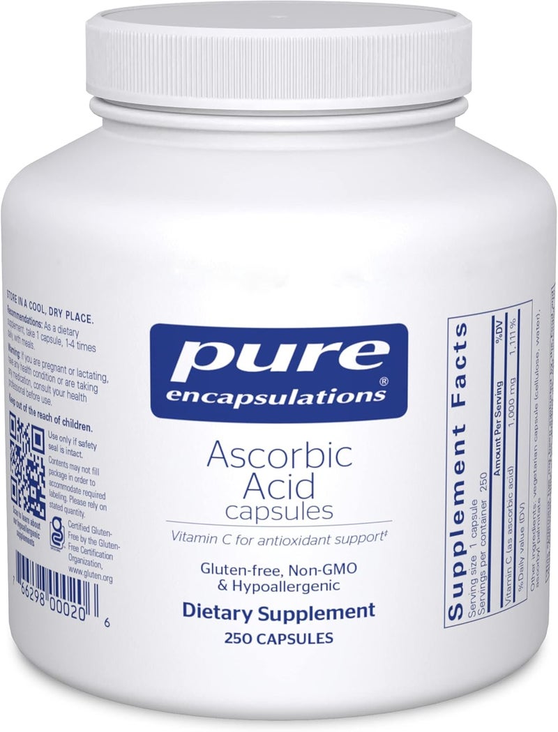 Pure Encapsulations Ascorbic Acid Capsules  1000 mg Vitamin C  Antioxidant  Immune Support  HighPotency Vitamin C  Vegan  NonGMO  250 Capsules - Image 1