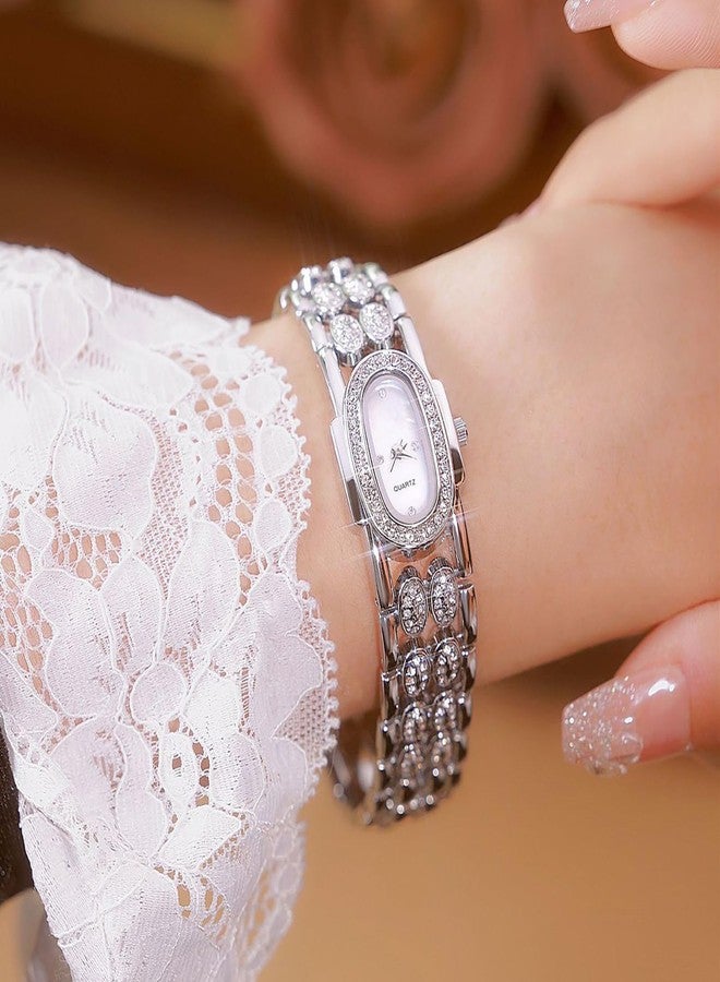 BESTKANG Dainty Watches for Women Vintage Rhinestone Bracelet Wrist Watch Luxury Small Ladies Oval Quartz Watch, Silver White, vintage - Image 2