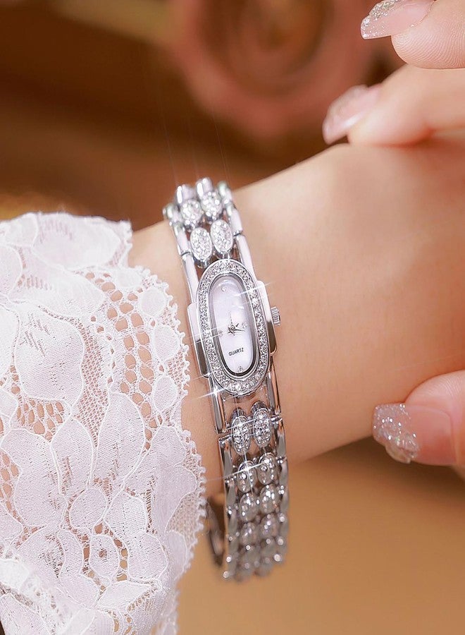 BESTKANG Dainty Watches for Women Vintage Rhinestone Bracelet Wrist Watch Luxury Small Ladies Oval Quartz Watch, Silver White, vintage - Image 4