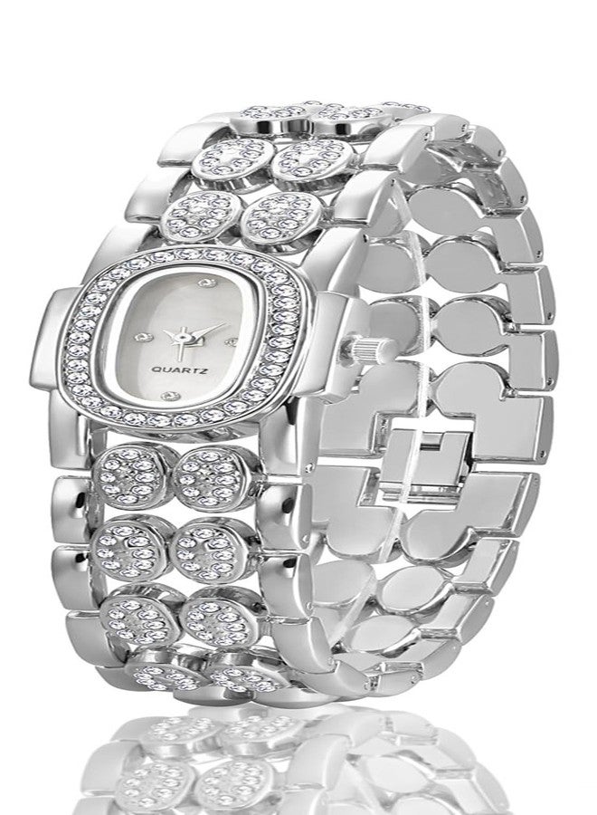 BESTKANG Dainty Watches for Women Vintage Rhinestone Bracelet Wrist Watch Luxury Small Ladies Oval Quartz Watch, Silver White, vintage - Image 1