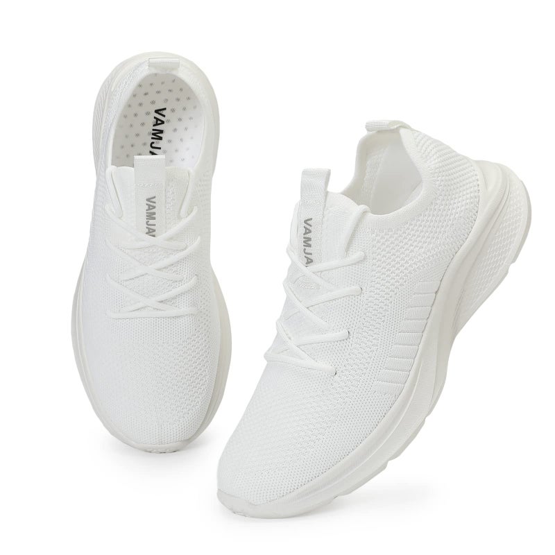VAMJAM Men's Running Shoes Fashion Sneakers Lightweight Breathable Flying Knitting Lace Up Mesh Walking Shoes Workout Casual Sports Shoes White Size 8.5 - Image 1