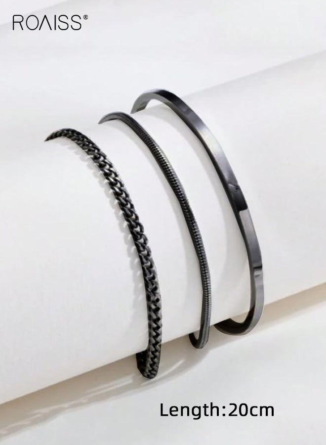 roaiss Men's 3Pcs Stacking Bracelet Set Stainless Steel Triple Layer Cuban Chain Bangle for Men Light Luxury Fashion Art Design Lightweight Hypoallergenic Daily Wear Black - Image 3