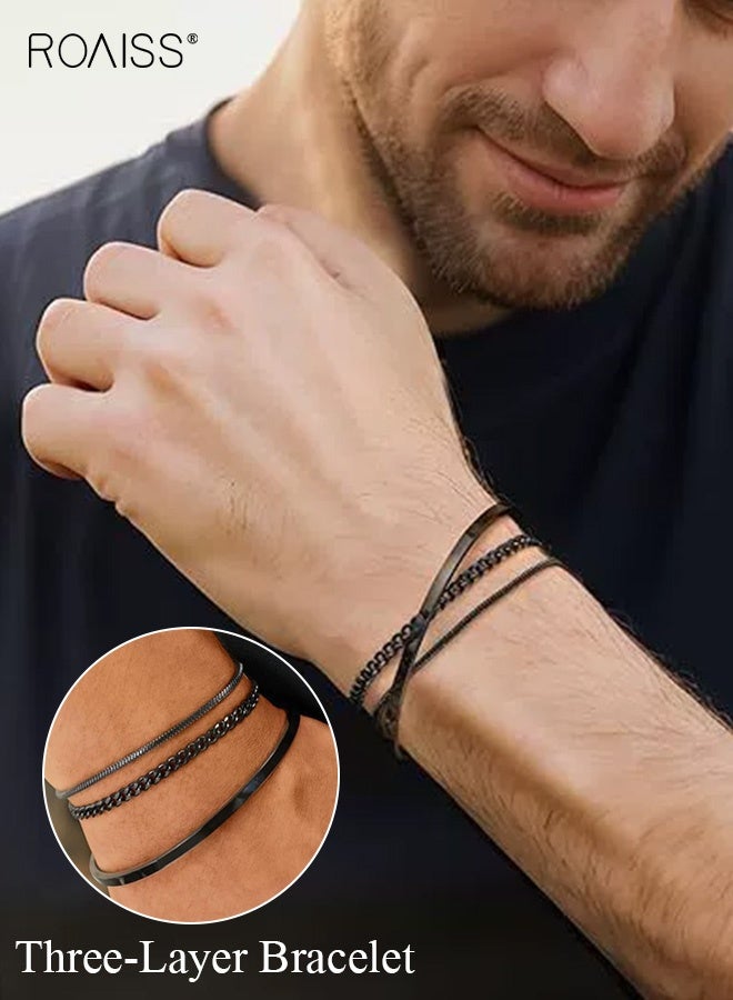 roaiss Men's 3Pcs Stacking Bracelet Set Stainless Steel Triple Layer Cuban Chain Bangle for Men Light Luxury Fashion Art Design Lightweight Hypoallergenic Daily Wear Black - Image 1