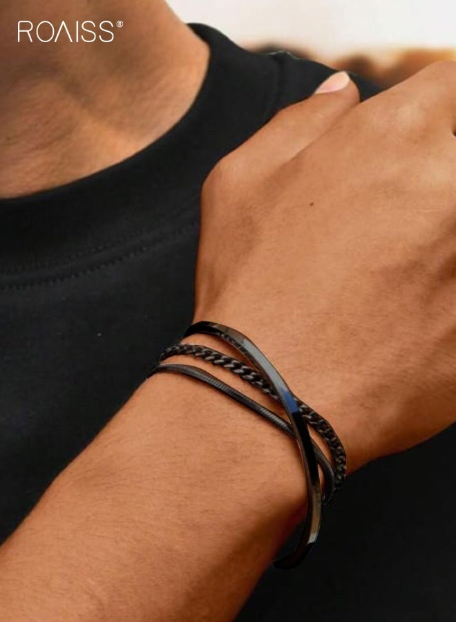 roaiss Men's 3Pcs Stacking Bracelet Set Stainless Steel Triple Layer Cuban Chain Bangle for Men Light Luxury Fashion Art Design Lightweight Hypoallergenic Daily Wear Black - Image 4