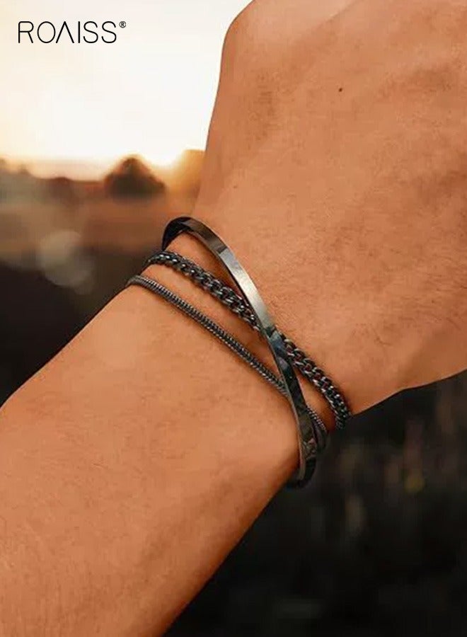 roaiss Men's 3Pcs Stacking Bracelet Set Stainless Steel Triple Layer Cuban Chain Bangle for Men Light Luxury Fashion Art Design Lightweight Hypoallergenic Daily Wear Black - Image 2
