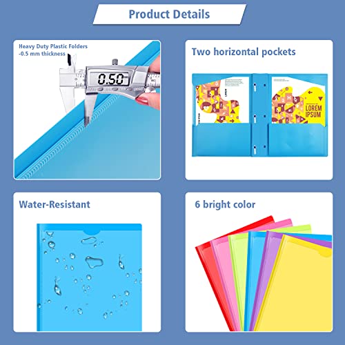 INFUN Heavy Duty Plastic Pocket Folder with Prongs and Clear Front Pocket - 18 Pack, 3 Prong Folders with Pockets and Card Slot, Assorted Colors - Image 4
