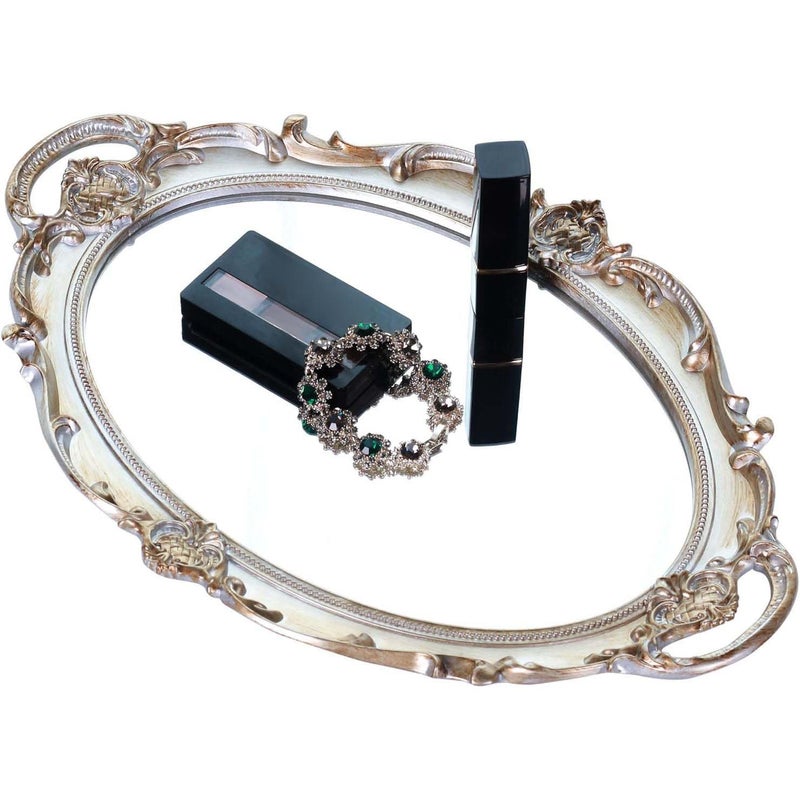 Zosenley Polyresin Ellipse Antique Decorative Mirror Tray, Makeup Organizer, Jewelry Organizer, Serving Tray, 9.8â€x 14.6â€, Golden Silver - Image 1