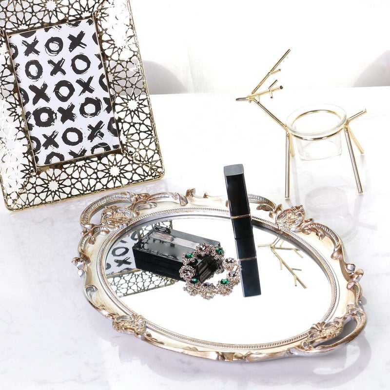 Zosenley Polyresin Ellipse Antique Decorative Mirror Tray, Makeup Organizer, Jewelry Organizer, Serving Tray, 9.8â€x 14.6â€, Golden Silver - Image 3