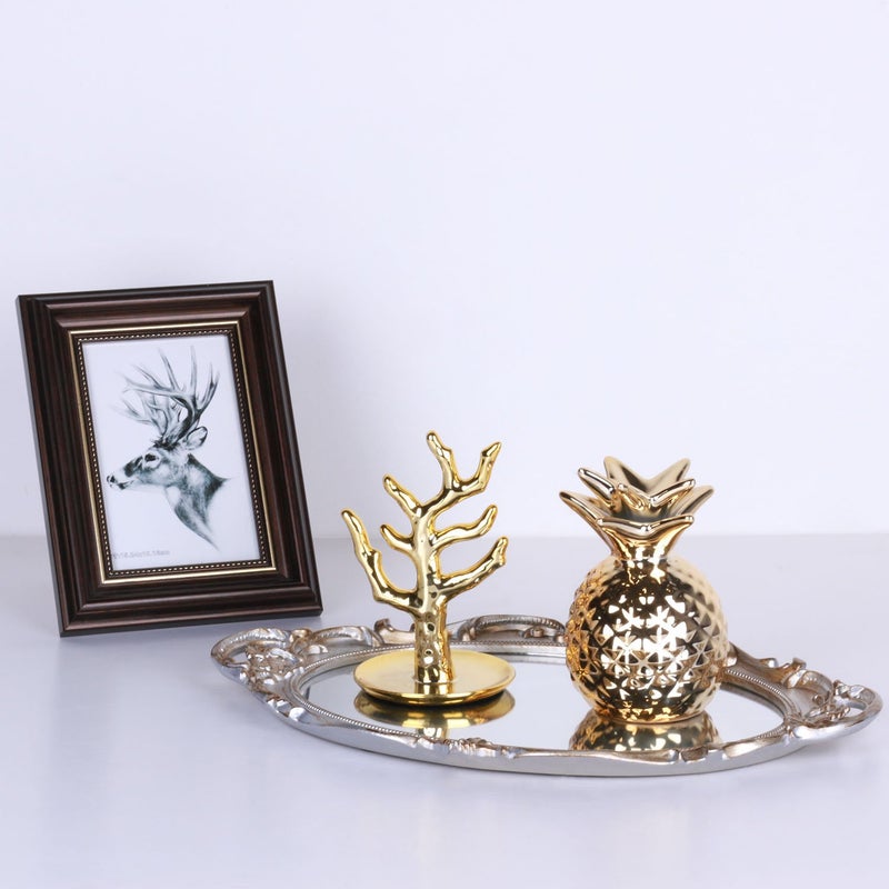 Zosenley Polyresin Ellipse Antique Decorative Mirror Tray, Makeup Organizer, Jewelry Organizer, Serving Tray, 9.8â€x 14.6â€, Golden Silver - Image 5