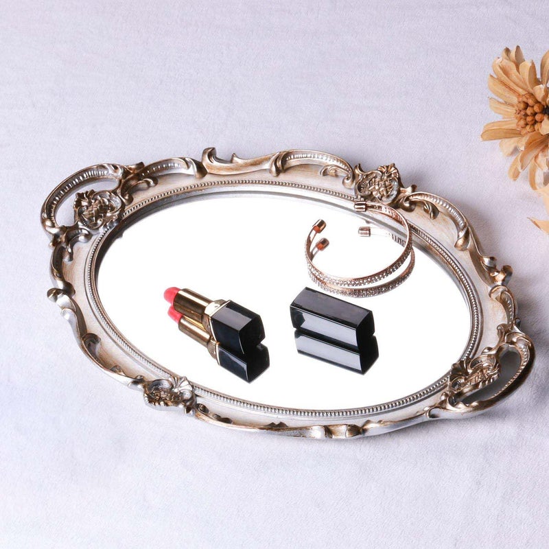 Zosenley Polyresin Ellipse Antique Decorative Mirror Tray, Makeup Organizer, Jewelry Organizer, Serving Tray, 9.8â€x 14.6â€, Golden Silver - Image 4