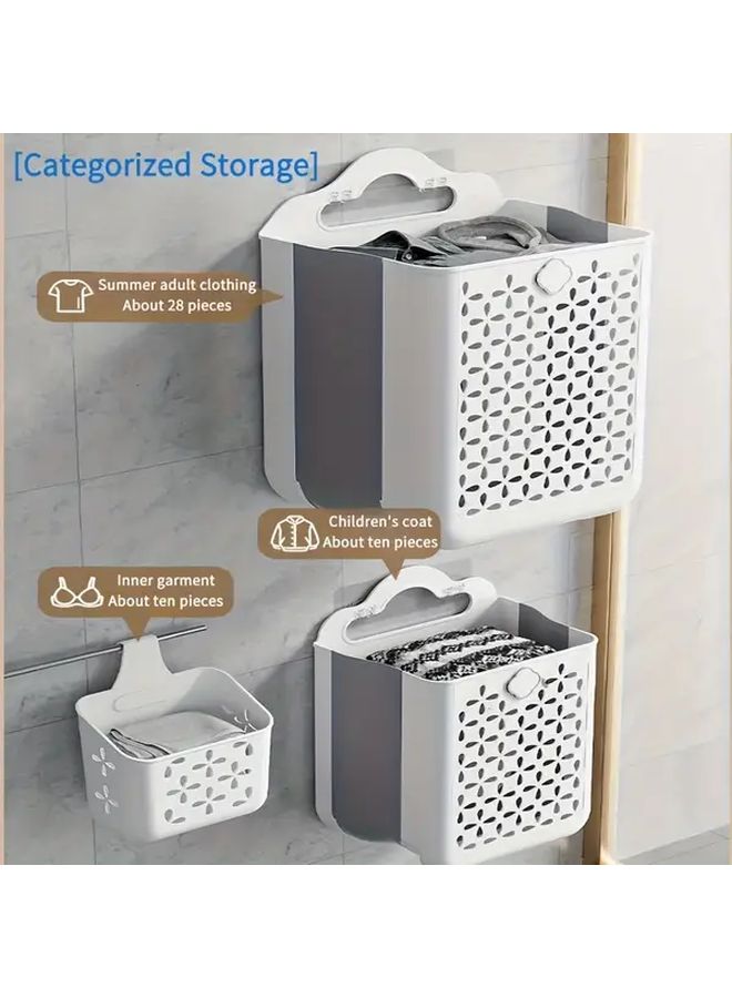 Wall Mounted Foldable Laundry Basket Set 2PCS Large And Small Size White Grey - Image 1