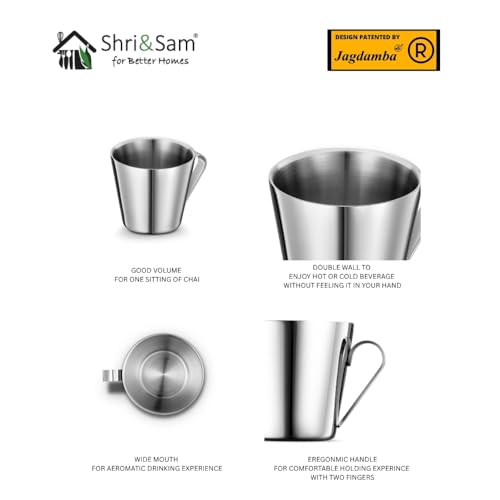 Shri & Sam Stainless Steel 4 Pieces Rise with Laser Double Wall Cup and Saucer Set - Image 2
