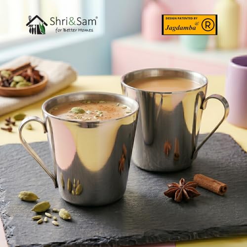 Shri & Sam Stainless Steel 4 Pieces Rise with Laser Double Wall Cup and Saucer Set - Image 3