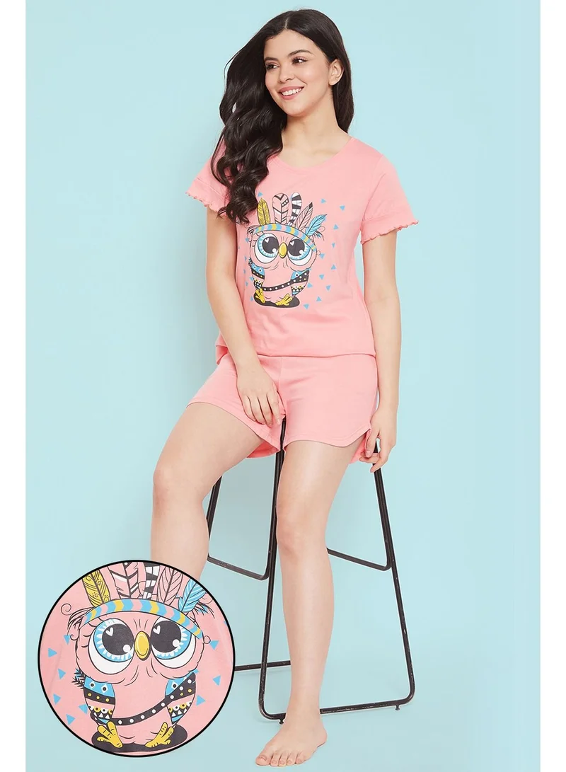 كلوفيا Clovia Owl Print Top and Shorts Set in Peach-Cotton Rich