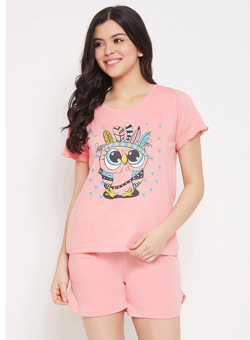 كلوفيا Clovia Owl Print Top and Shorts Set in Peach-Cotton Rich