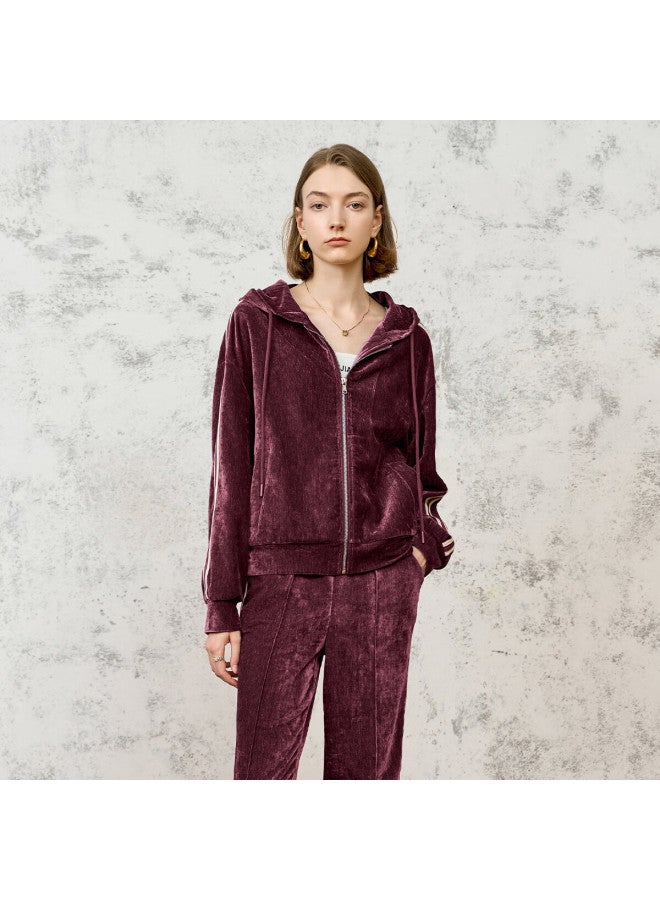 Yanyee Velvet Hooded Short Jacket For Women Winter Simple Commuter Top, Elegant Loose Sweatshirt, Wine Red, L/40 - Image 1
