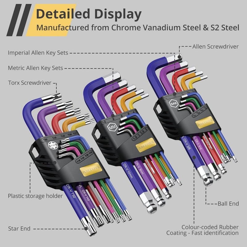 Hex Keys Set, Allen Key Set and Star Key Set, Metric Imperial Extra Long Ball End Key w/Color Coding w/T-Handle 1.5mm-10mm, T10-T50, 1/16-3/8 Bicycle Repair Household DIY AVL007AVLUK - Image 3