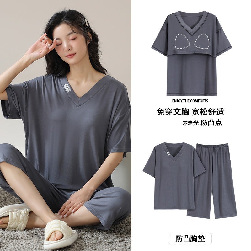 Womens Pajamas with Chest Pad for Summer Loose Cute Short-sleeved Capri Pants Summer Wear-free Bra for Outer Wear Home ClothesYZT-8781 YZT-8781 