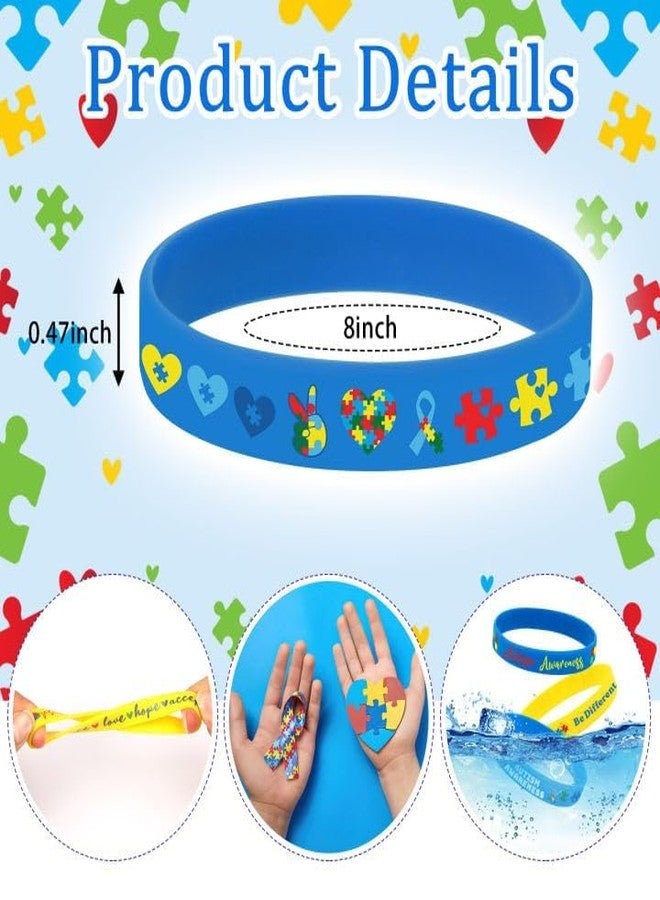 JUNEBRUSHS 120pcs Autism Awareness Silicone Bracelets Puzzle Pieces Ribbons Pattern Inspirational Motivational Rubber Wristbands for Autism Awareness Birthday Decoration Kids Party Favor Gift Supplies - Image 2