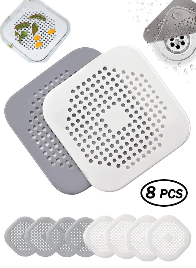 8 Pcs Silicone Drain Protector with Sucker, Square Drain Cover Bathroom floor drain filter, Shower Drain Cover Hair Catcher, Sink Strainer Shower Hair Catcher Bathtub Drain Cover for Kitchen Bathroom - (4 pcs White+4 pcsGrey)  - Image 1