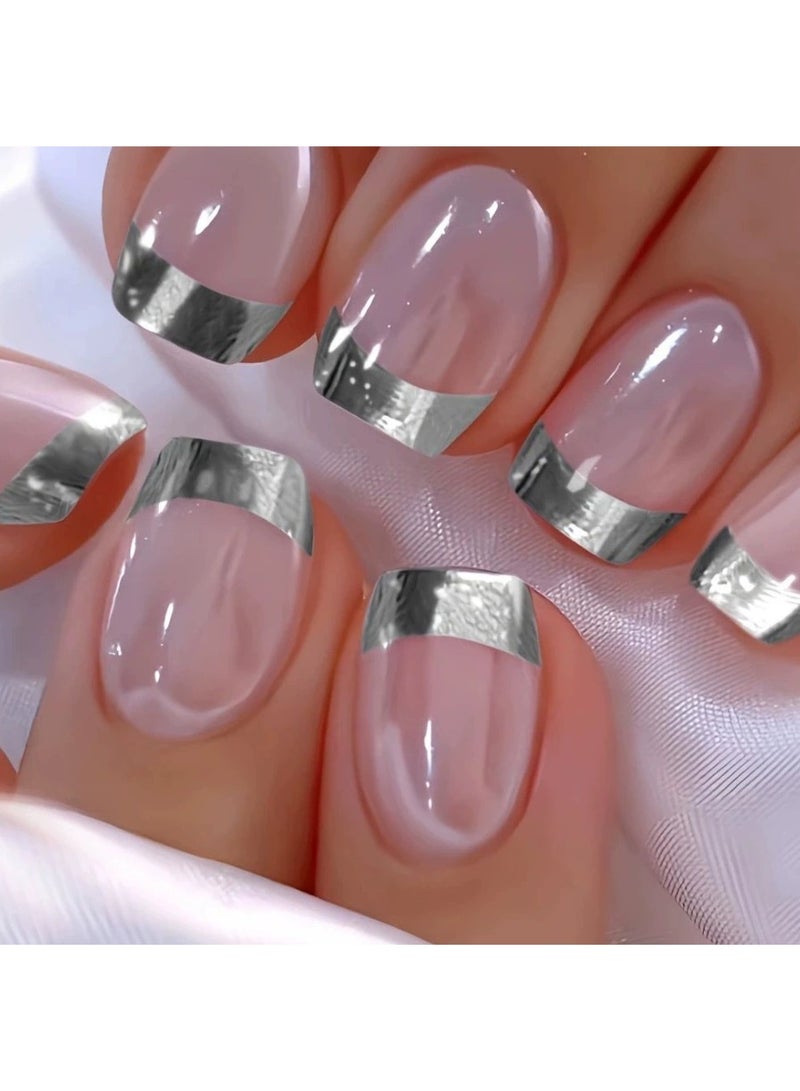 Goolsky Premium Short Oval Press-on Nails with Silver French Tips & Nude Pink for Elegant Sophistication - Image 1