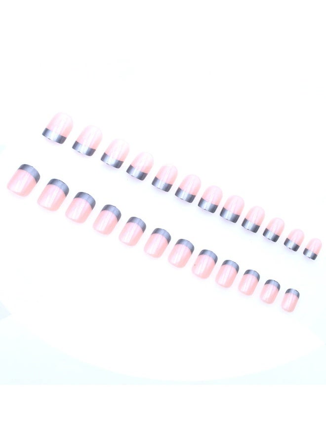 Goolsky Premium Short Oval Press-on Nails with Silver French Tips & Nude Pink for Elegant Sophistication - Image 4