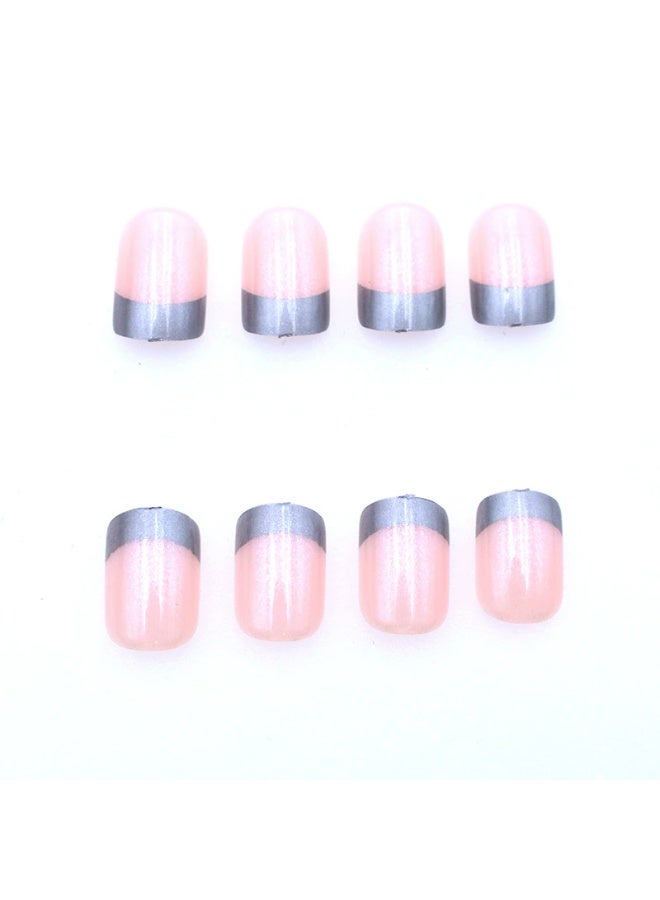 Goolsky Premium Short Oval Press-on Nails with Silver French Tips & Nude Pink for Elegant Sophistication - Image 3
