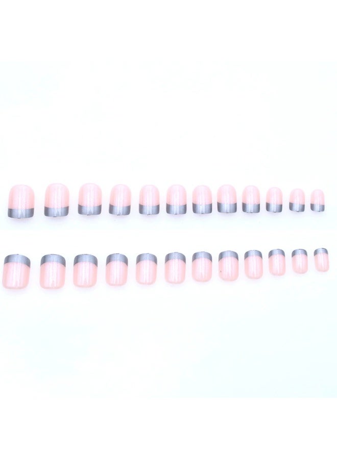 Goolsky Premium Short Oval Press-on Nails with Silver French Tips & Nude Pink for Elegant Sophistication - Image 2